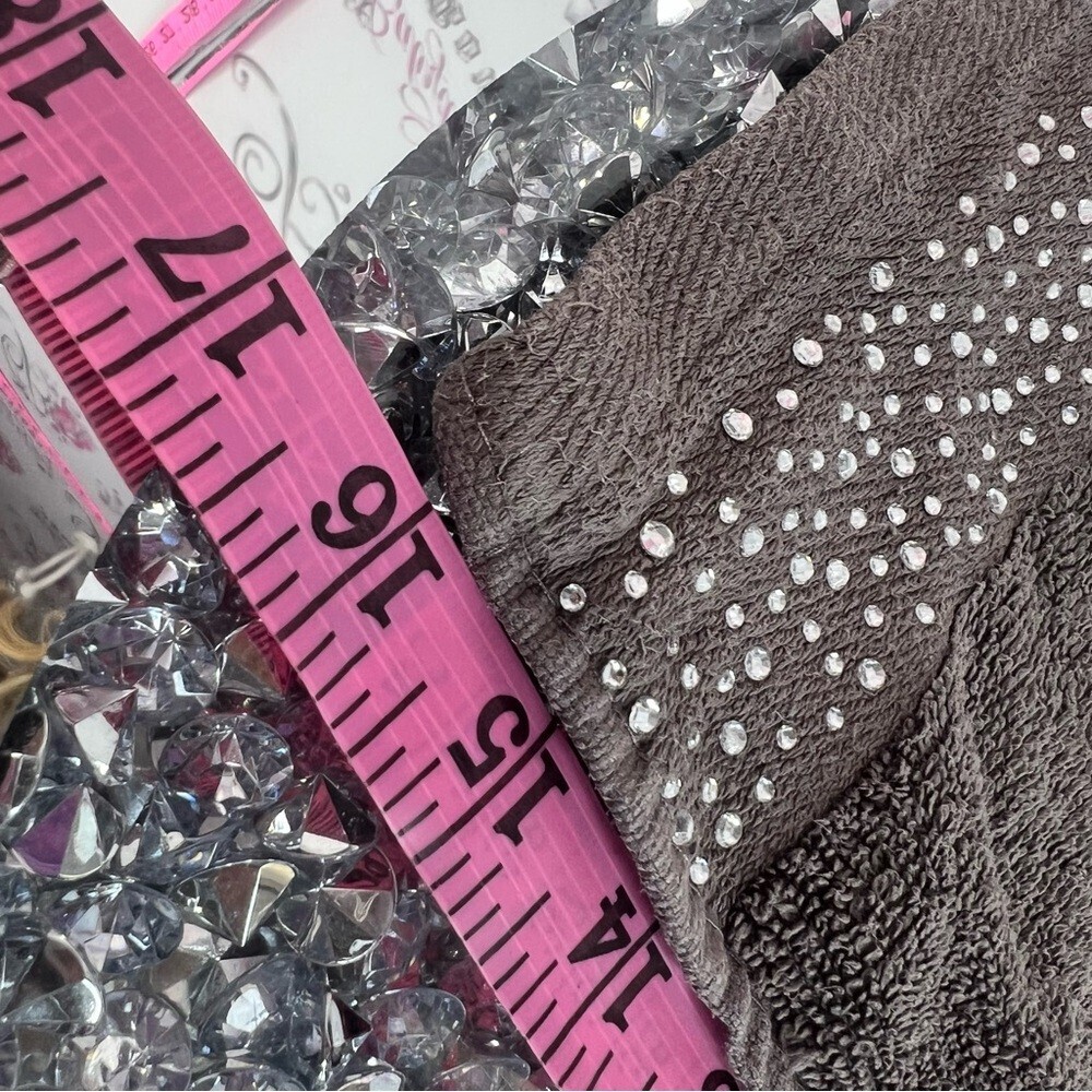 Embellished Chocolate grey Brown Bath Towel - Rhinestone Trim - Picture 2 of 4